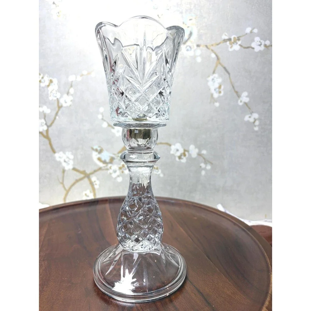 VTG Homeco Clear Pressed Glass Hurricane Candle Holder Peg Votive Scalloped